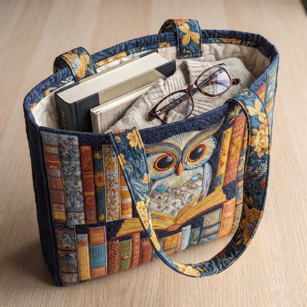 תיק טוט בעבודת יד - ינשוף וספרי וינטג׳ — ובתוכו ספר בכריכה קשה, קרדיגן מקופל ומשקפי קריאה