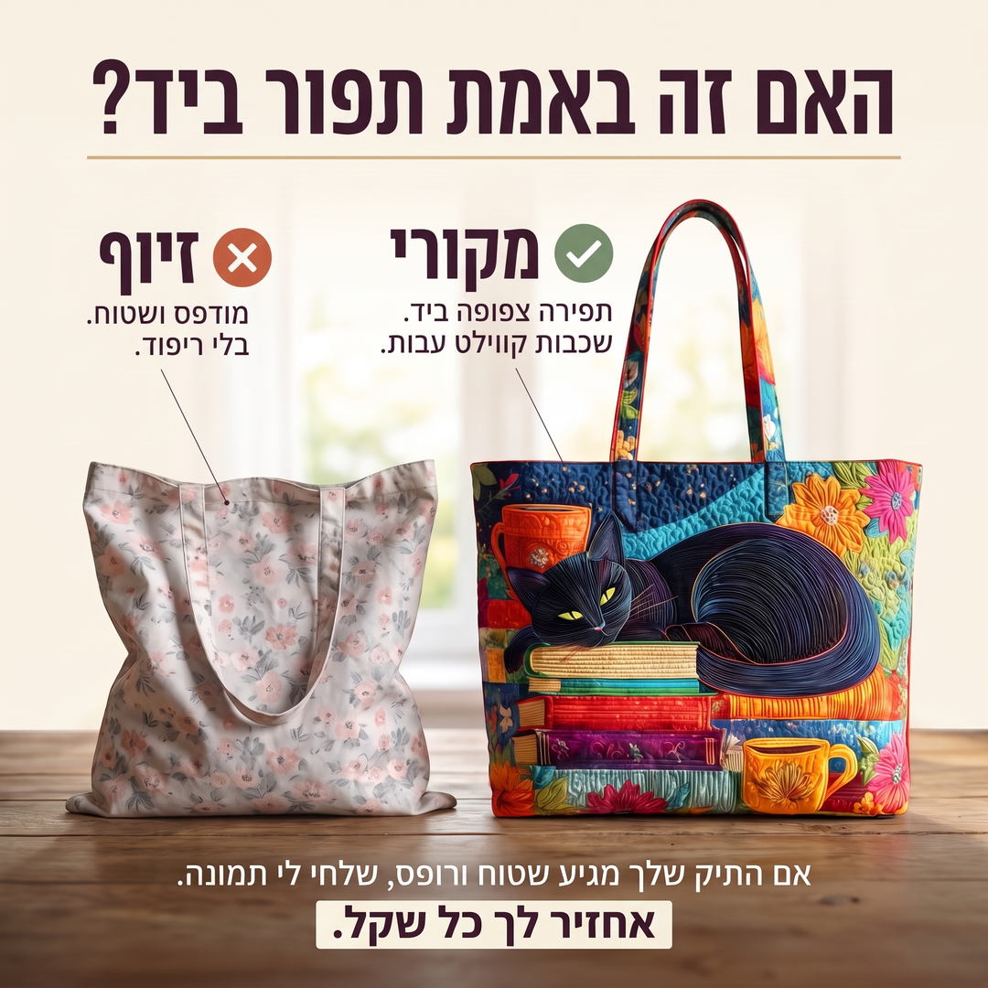 תיק בעבודת יד - חתול שחור עם ספרים וספלים — בדיקת אותנטיות של קווילט בעבודת יד