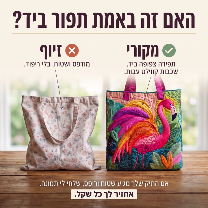 תיק טוט קווילט - פלמינגו בצבעי הקשת — בדיקת אותנטיות של קווילט בתפירת יד
