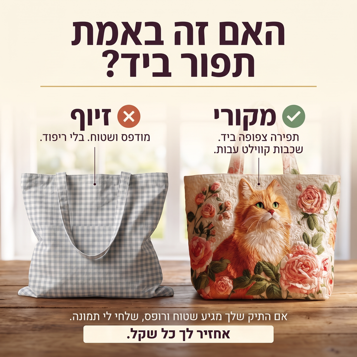 תיק בעבודת יד - חתול כתום עם ורדים — בדיקת אותנטיות של קווילט בעבודת יד