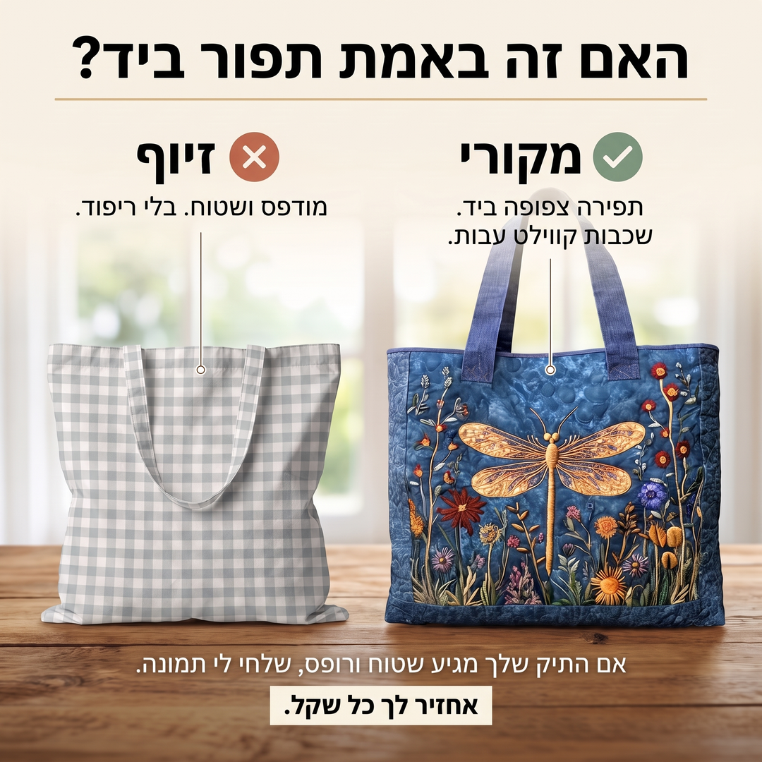 תיק קווילט - שפירית זהובה — בדיקת אותנטיות של קווילט בתפירת יד