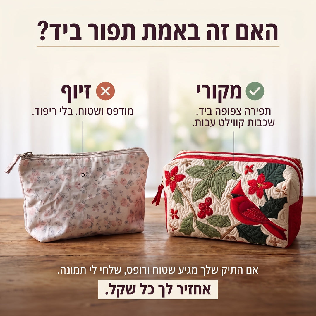 תיק איפור קווילט קרדינל ודקרנית — בדיקת אותנטיות של קווילט בתפירת יד