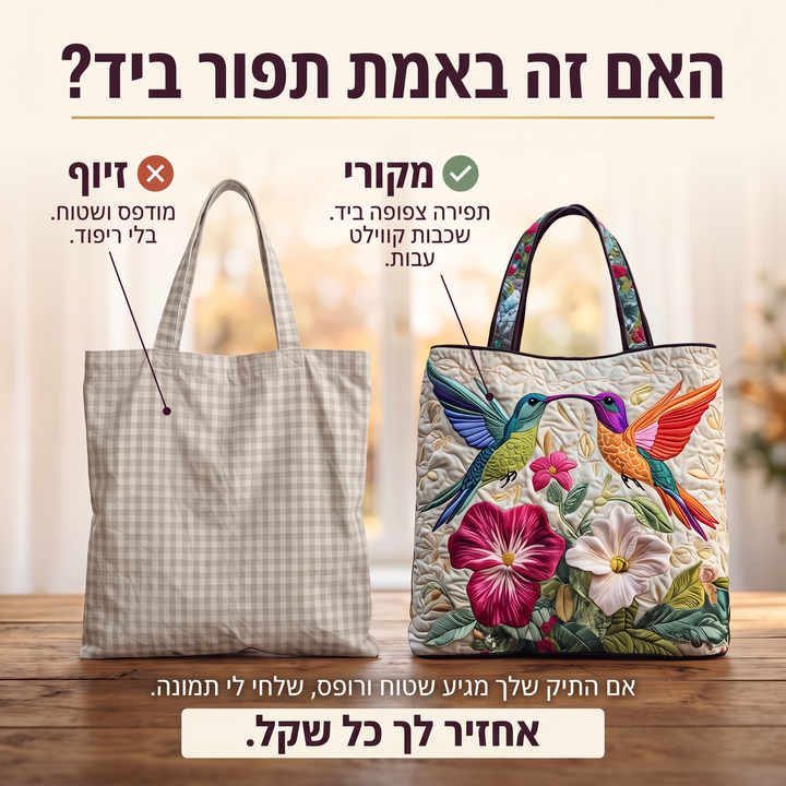 תיק קווילט - יונק דבש ופרחים לבנים — בדיקת אותנטיות של קווילט בתפירת יד