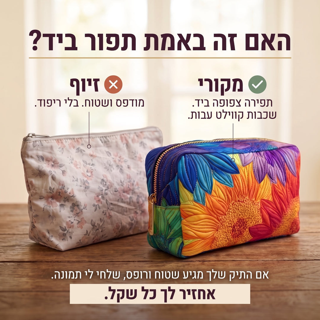 תיק איפור קווילט פריחת קיץ — בדיקת אותנטיות – קווילט בתפירת יד