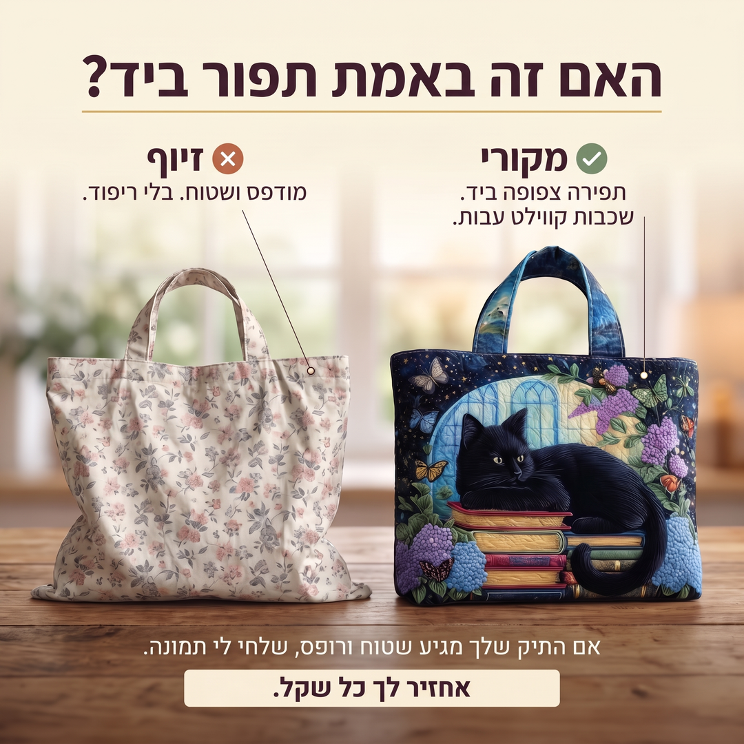 תיק בעבודת יד - חתול שחור על ספרים — בדיקת אותנטיות של קווילט בעבודת יד