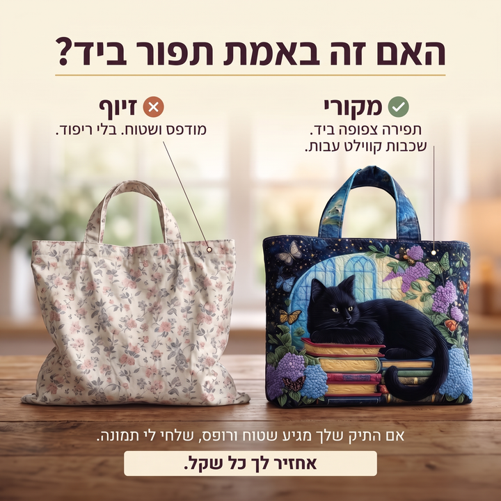 תיק בעבודת יד - חתול שחור על ספרים — בדיקת אותנטיות של קווילט בעבודת יד