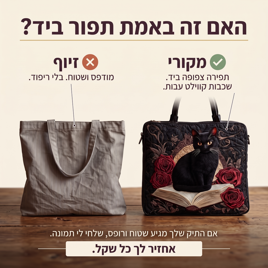 תיק קווילט בעבודת יד - חתול שחור על ספרים — בדיקת אותנטיות של קווילט בתפירת יד