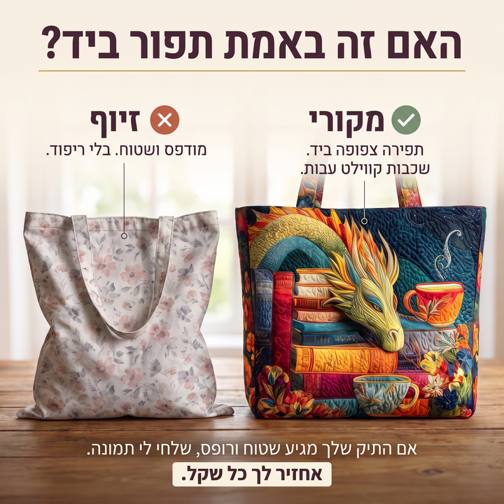 תיק בעבודת יד - דרקון קורא עם ספרים וספלים — בדיקת אותנטיות של קווילט בעבודת יד