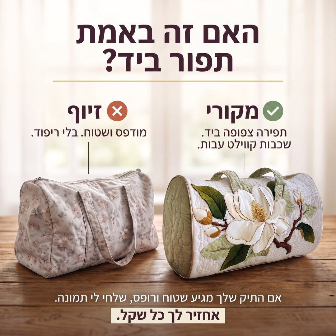 תיק נסיעות קווילט חן פורח — בדיקת אותנטיות של קווילט בעבודת יד