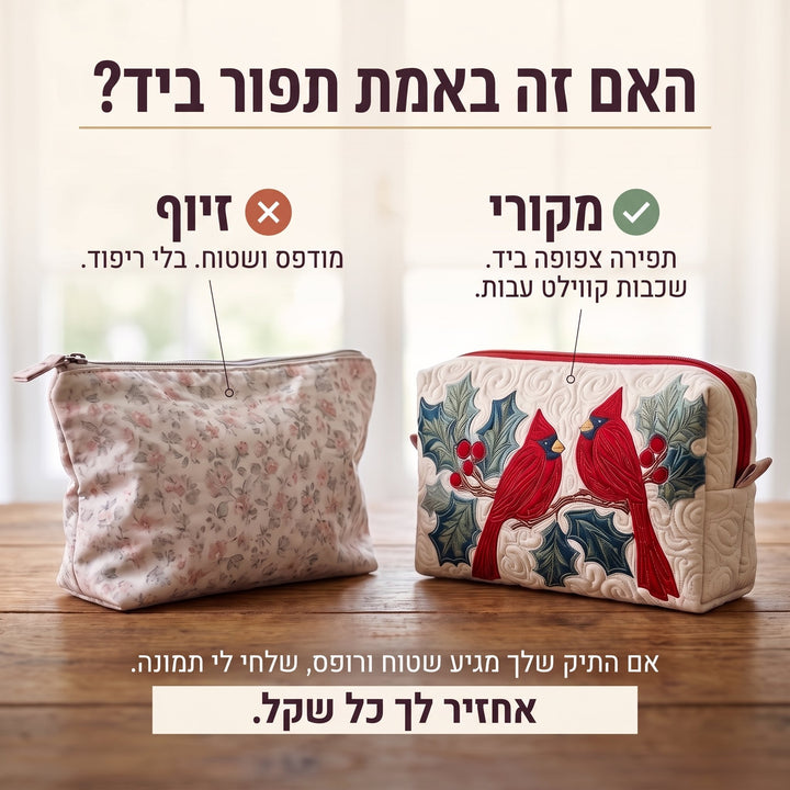 תיק איפור קווילט נוצה אדומה — בדיקת אותנטיות של קווילט בתפירת יד