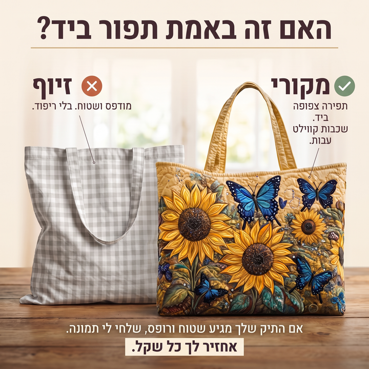 תיק בעבודת יד - חמניות ופרפרים כחולים — בדיקת אותנטיות של קווילט בעבודת יד