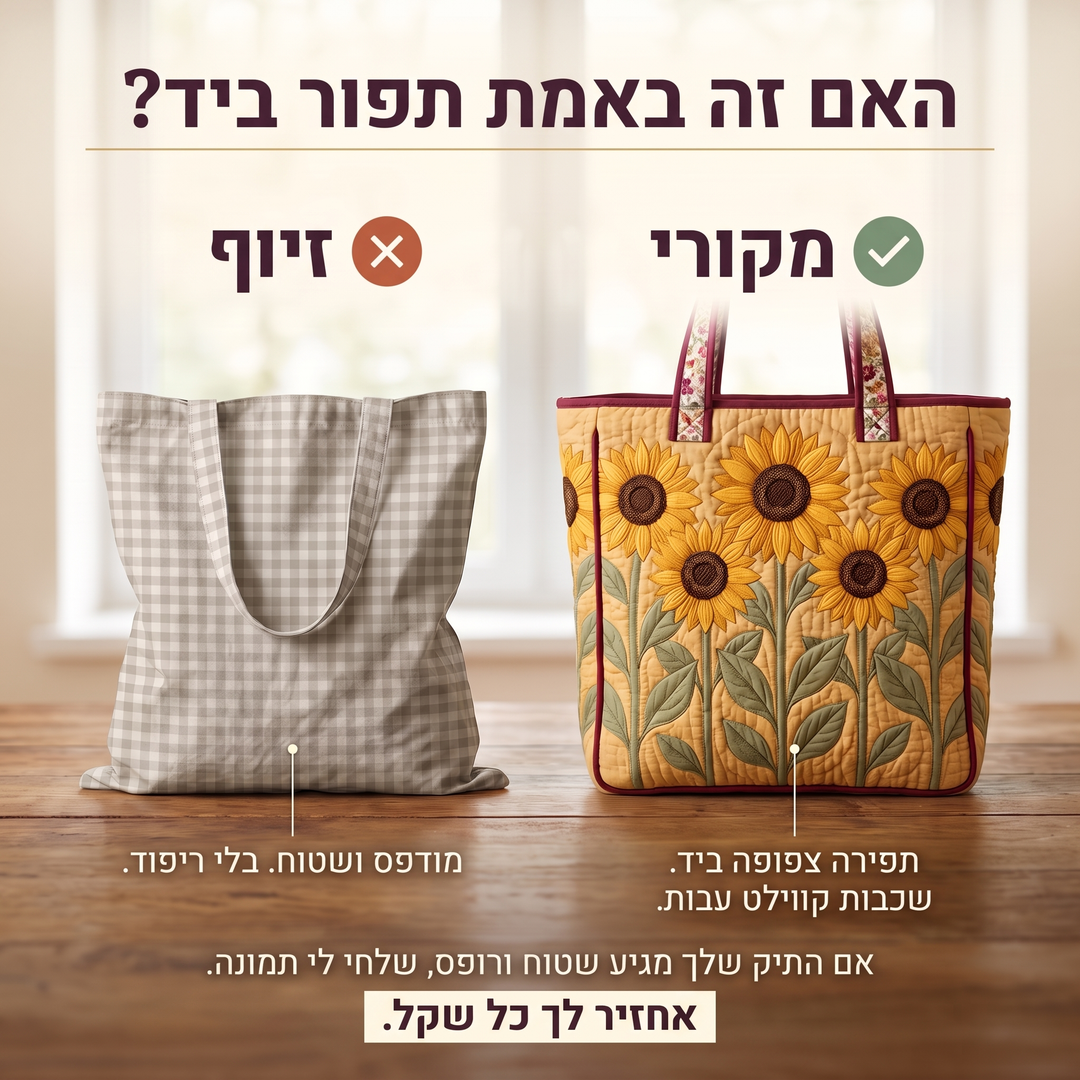 תיק קווילט קלאסי - חמניות — בדיקת אותנטיות של קווילט בעבודת יד