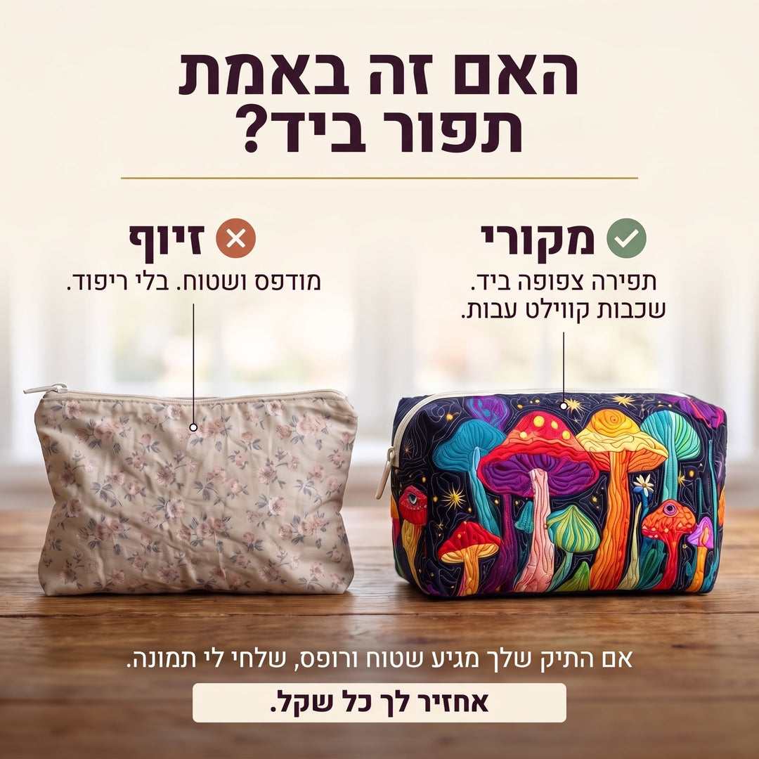 תיק איפור קווילט פטרייה גרובית — בדיקת אותנטיות של קווילט בתפירת יד