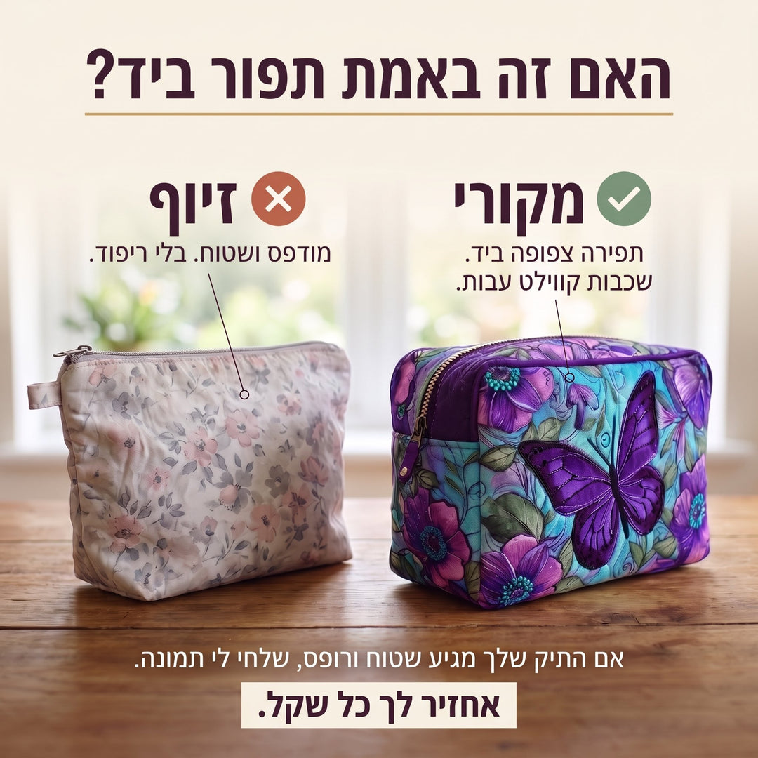 תיק איפור קווילט פרפרים ופריחה — בדיקת אותנטיות של קווילט בעבודת יד