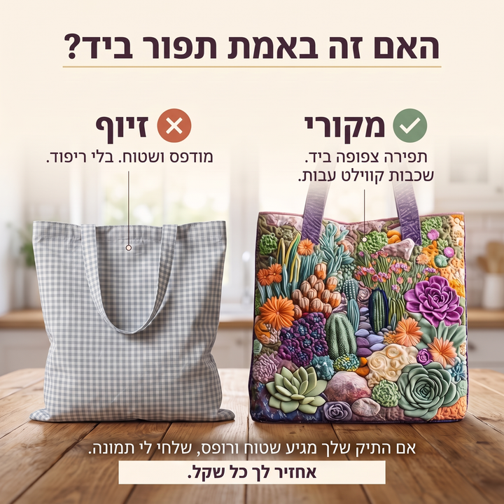 תיק טוט בעבודת יד - גן סוקולנטים — בדיקת אותנטיות של קווילט בעבודת יד