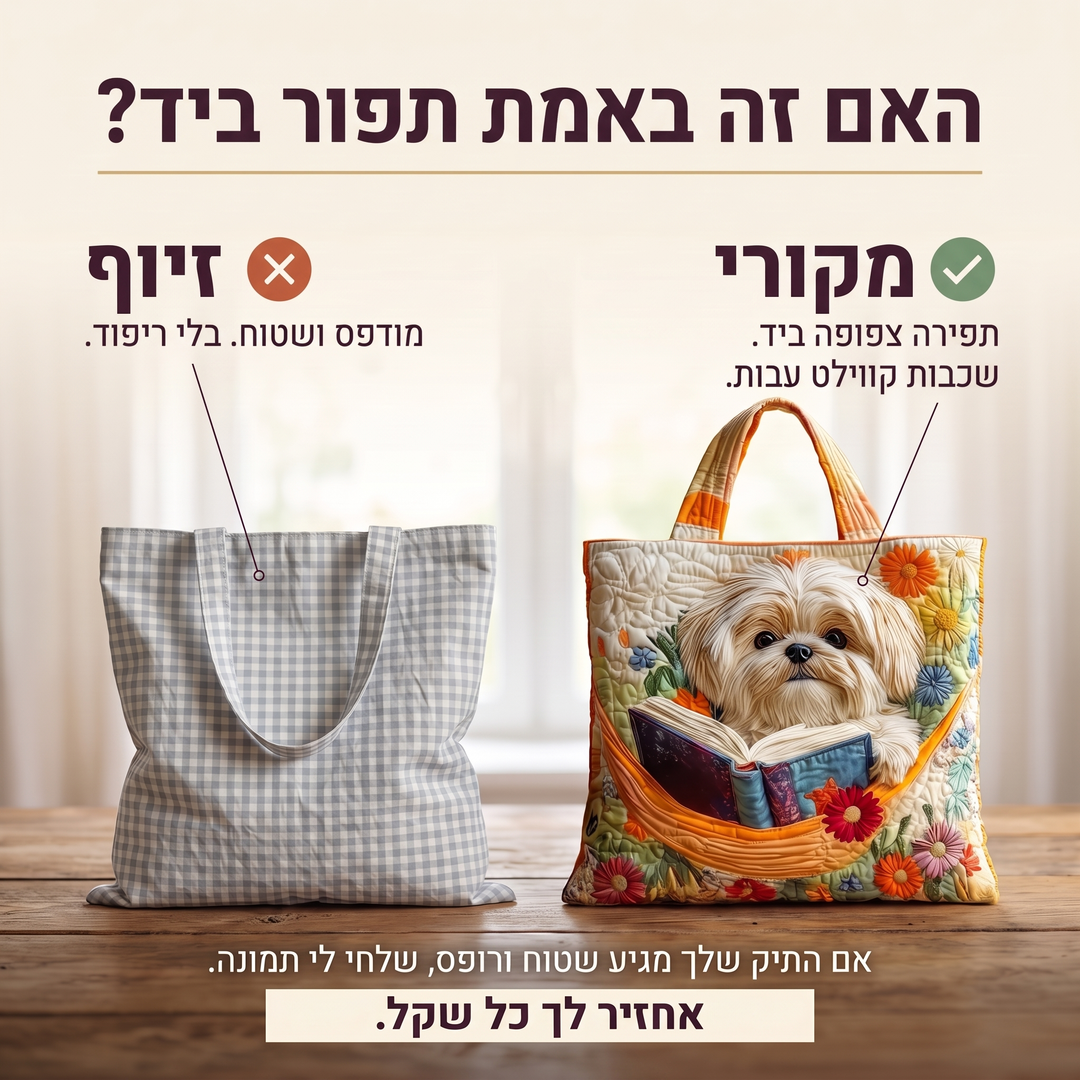 תיק בעבודת יד - שיצו עם ספרים ופרחים — בדיקת אותנטיות של קווילט בעבודת יד