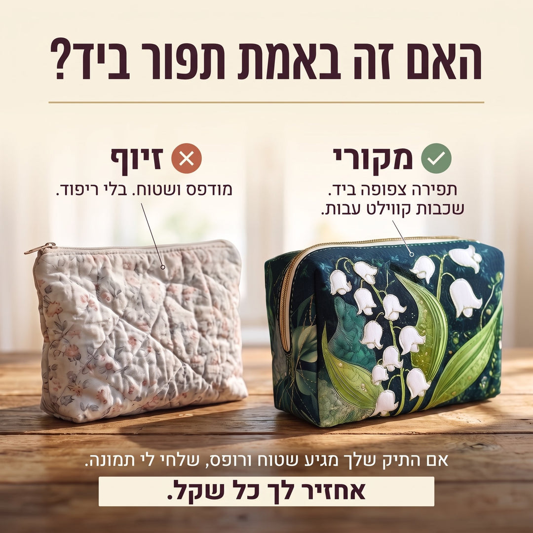 תיק איפור קווילט חן החבצלת — בדיקת אותנטיות של קווילט בתפירת יד