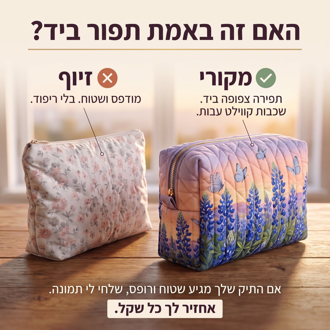 תיק איפור קווילט פרפר כחול — בדיקת אותנטיות של קווילט בעבודת יד