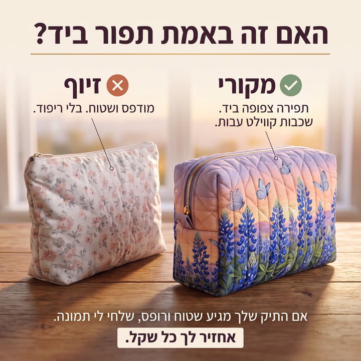 תיק איפור קווילט פרפר כחול — בדיקת אותנטיות של קווילט בעבודת יד