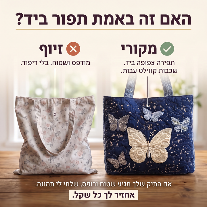 תיק בעבודת יד - פרפר כסוף — בדיקת אותנטיות של קווילט בעבודת יד