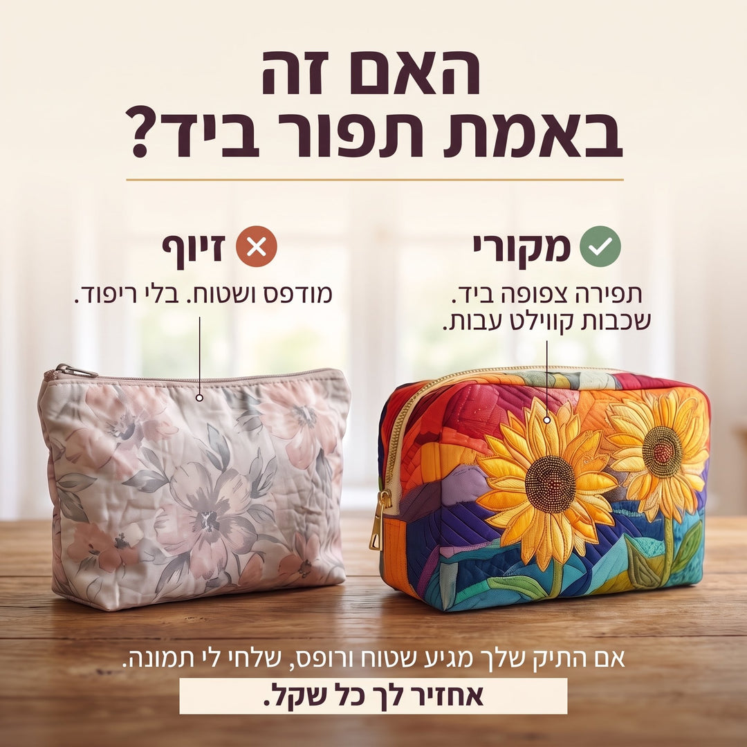 תיק איפור קווילט פריחה זהובה — בדיקת אותנטיות של קווילט בתפירת יד
