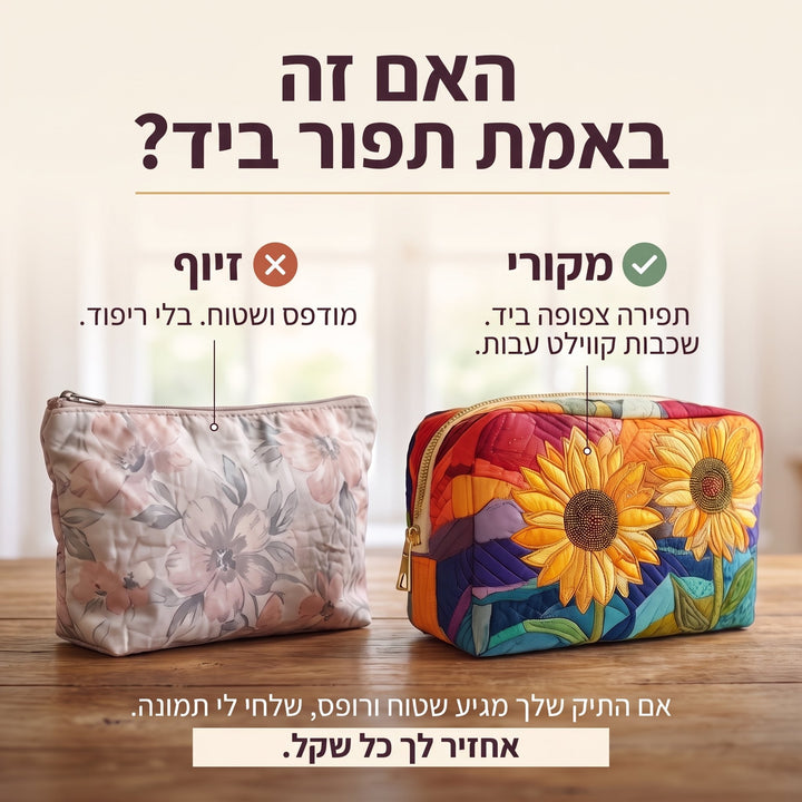 תיק איפור קווילט פריחה זהובה — בדיקת אותנטיות של קווילט בתפירת יד