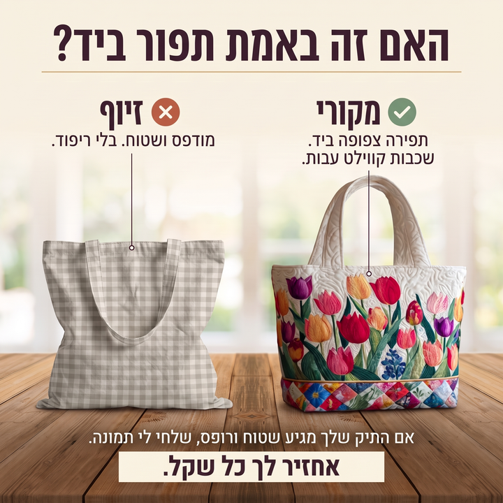תיק טוט קווילט - גן צבעונים — בדיקת אותנטיות של קווילט בתפירת יד