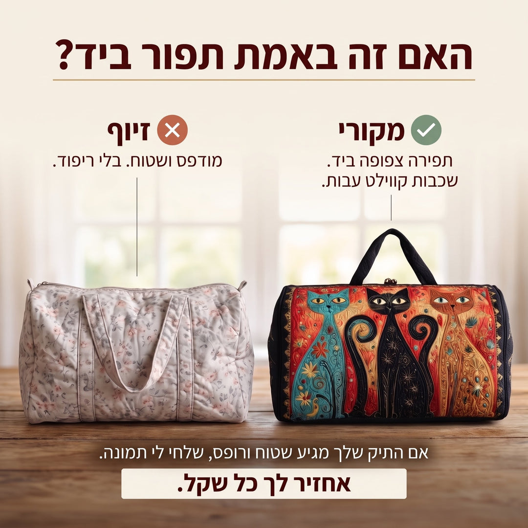 תיק נסיעות קווילט שלישיית חתולים קסומים — בדיקת אותנטיות של קווילט בעבודת יד