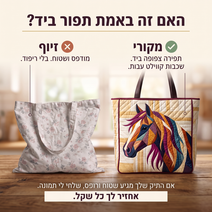 תיק בעבודת יד - סוס פסיפס צבעוני — בדיקת אותנטיות של קווילט בעבודת יד