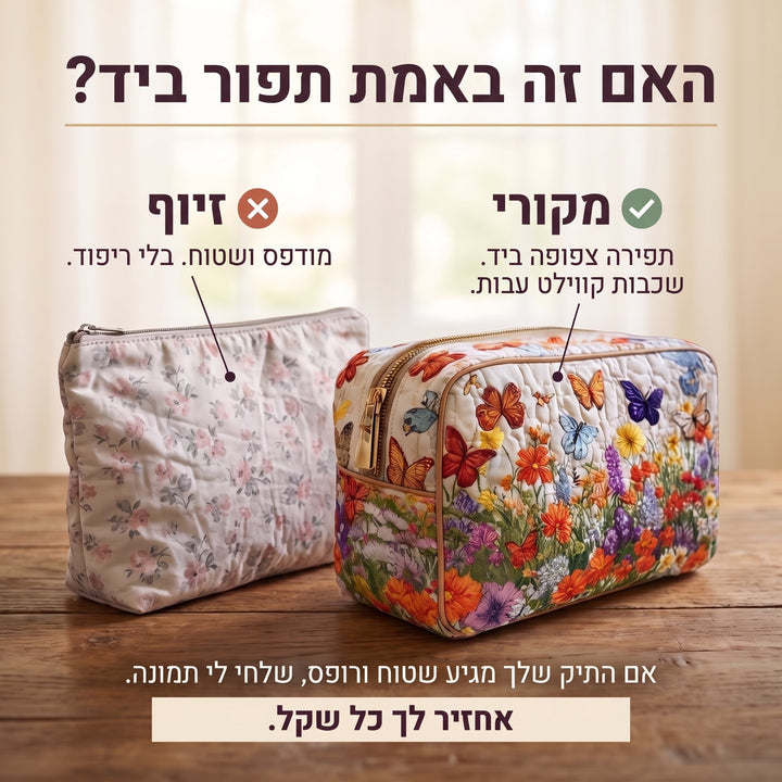 תיק איפור קווילט גן פורח — בדיקת אותנטיות של קווילט בעבודת יד