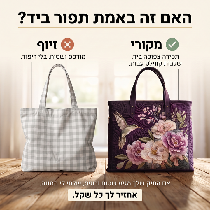 תיק קווילט בעבודת יד - יונקי דבש וסחלבים — בדיקת אותנטיות של קווילט בעבודת יד