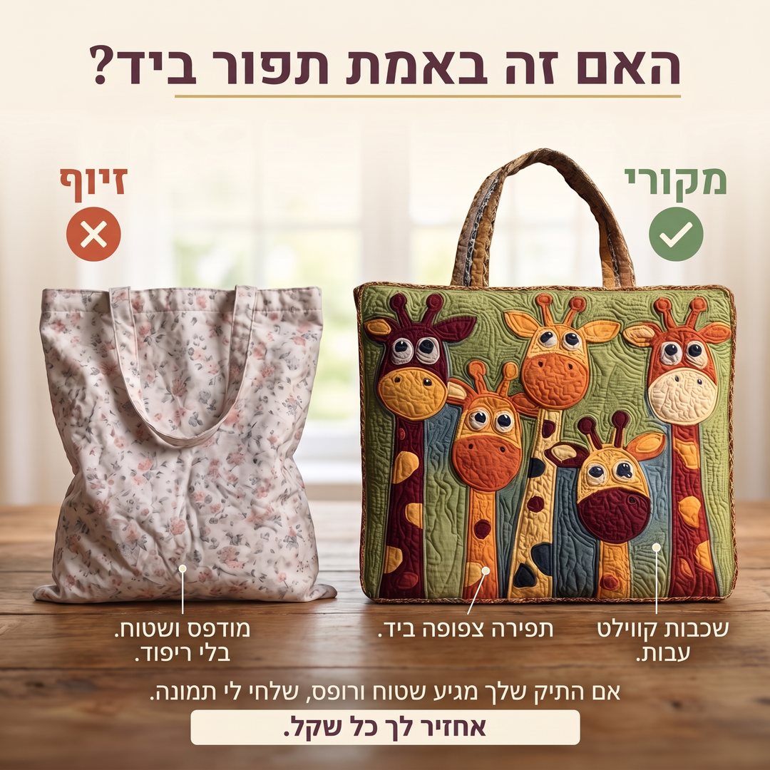 תיק טוט קווילט - ג׳ירפה — בדיקת אותנטיות של קווילט בתפירת יד