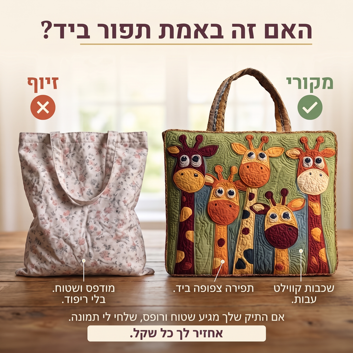 תיק טוט קווילט - ג׳ירפה — בדיקת אותנטיות של קווילט בתפירת יד