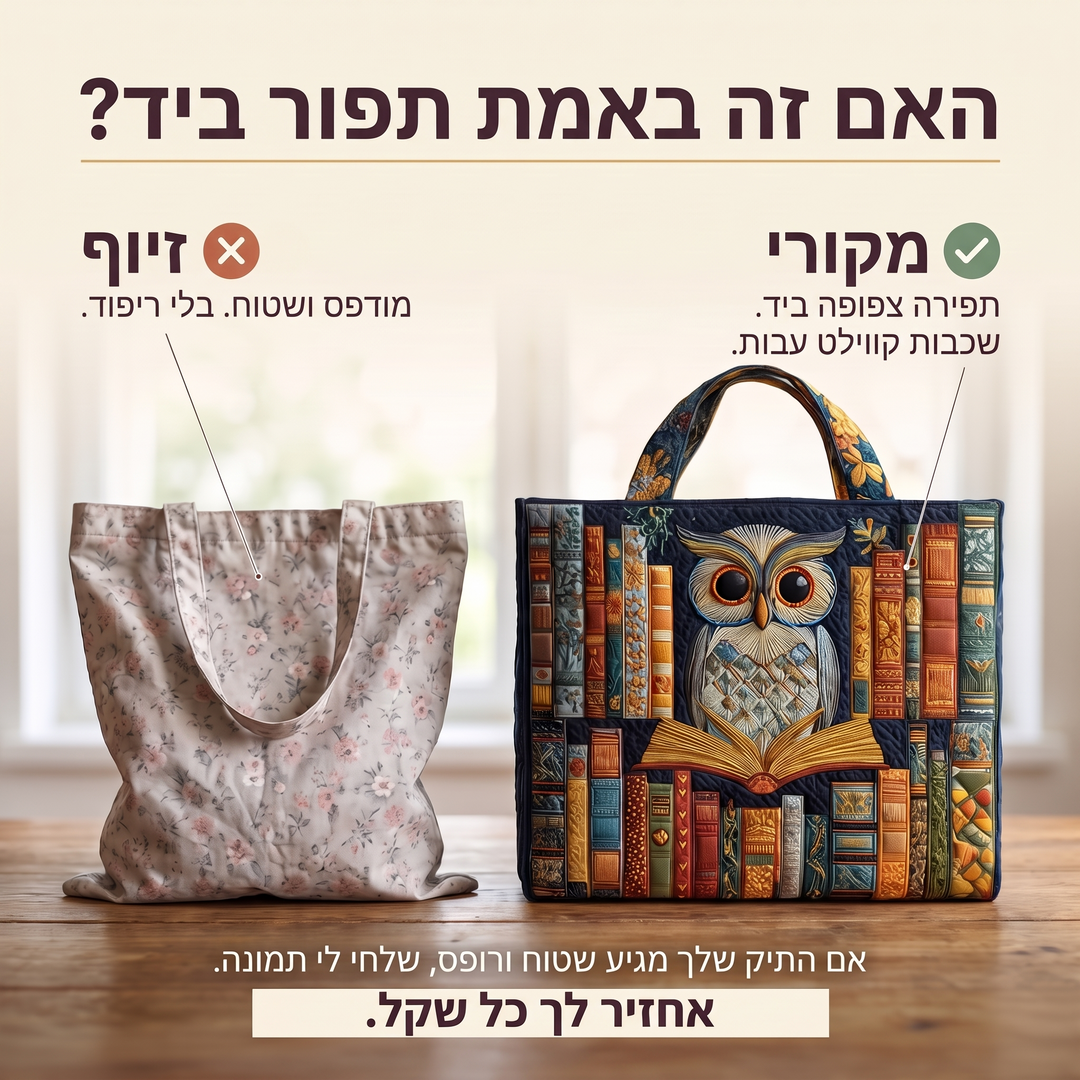 תיק טוט בעבודת יד - ינשוף וספרי וינטג׳ — בדיקת אותנטיות של קווילט בעבודת יד