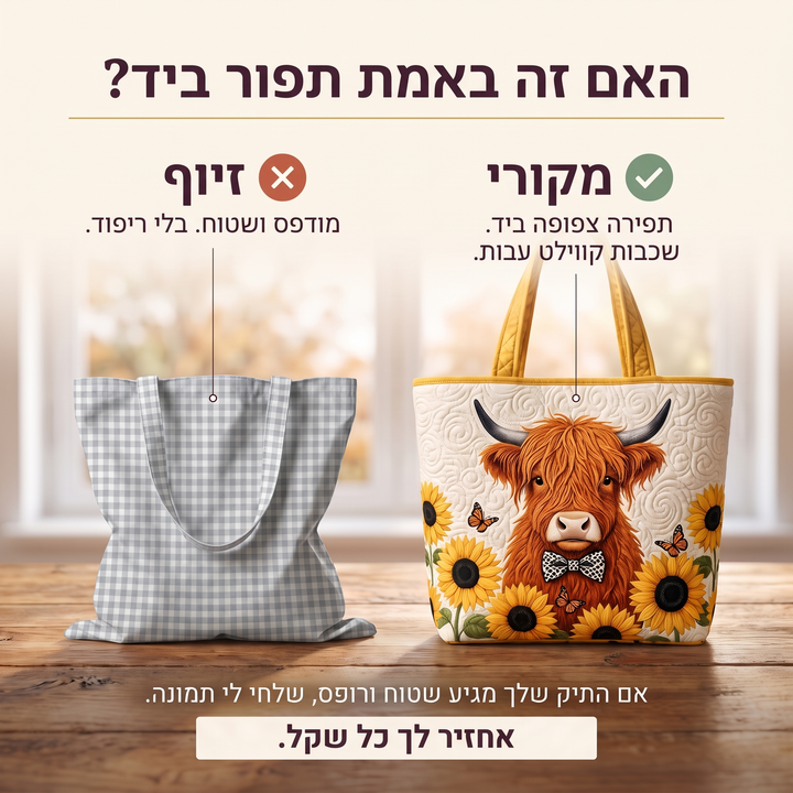 תיק קווילט - פרה סקוטית עם חמניות — בדיקת אותנטיות של קווילט בתפירת יד