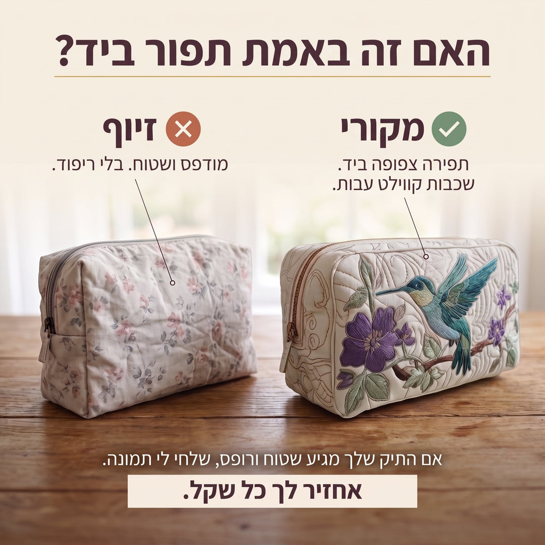תיק איפור קווילט יונק דבש ופריחה — בדיקת אותנטיות של קווילט בתפירת יד