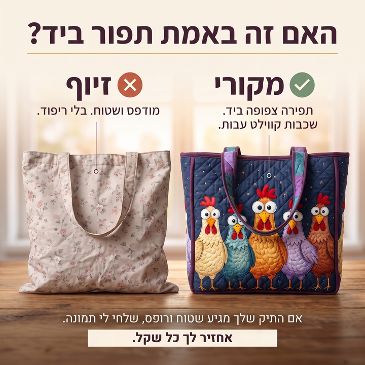 תיק בעבודת יד - חמש תרנגולות צבעוניות — בדיקת אותנטיות של קווילט בעבודת יד