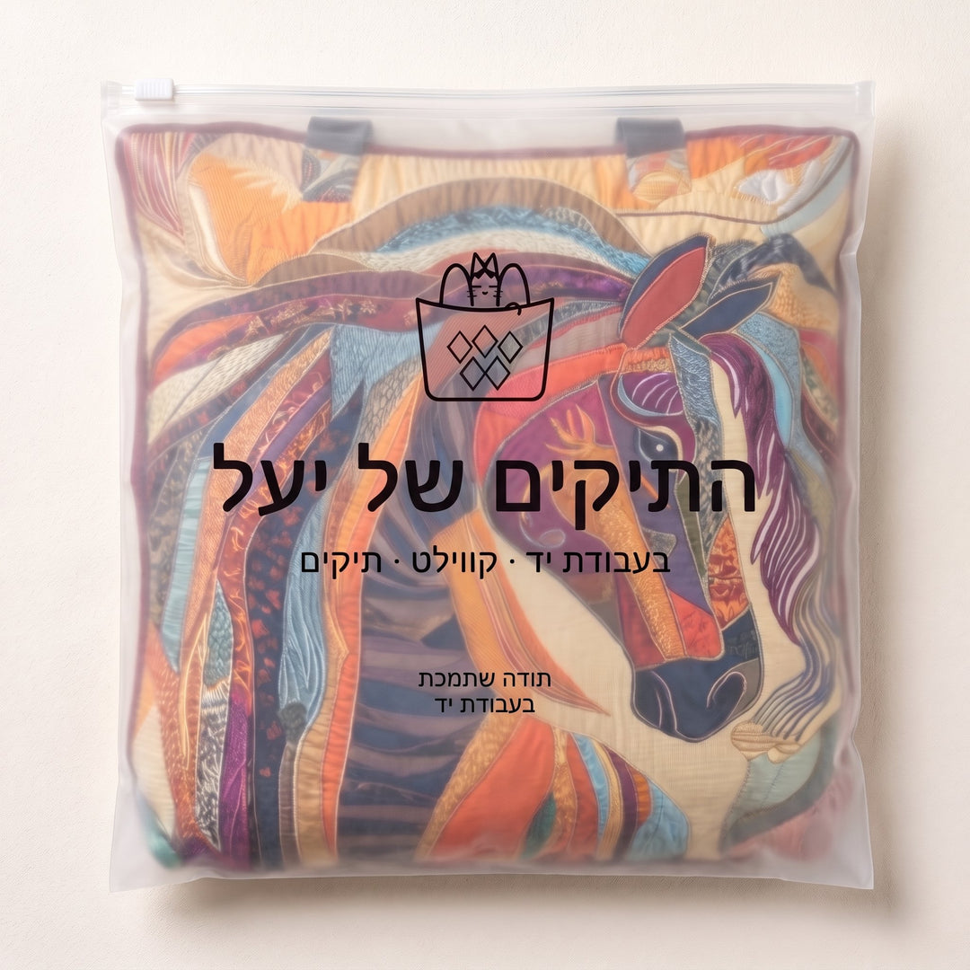 תיק בעבודת יד - סוס פסיפס צבעוני — ארוז בנרתיק הממותג של התיקים של יעל