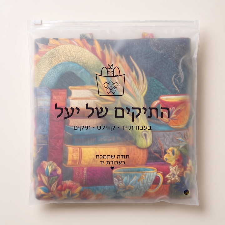 תיק בעבודת יד - דרקון קורא עם ספרים וספלים — ארוז בנרתיק הממותג של התיקים של יעל
