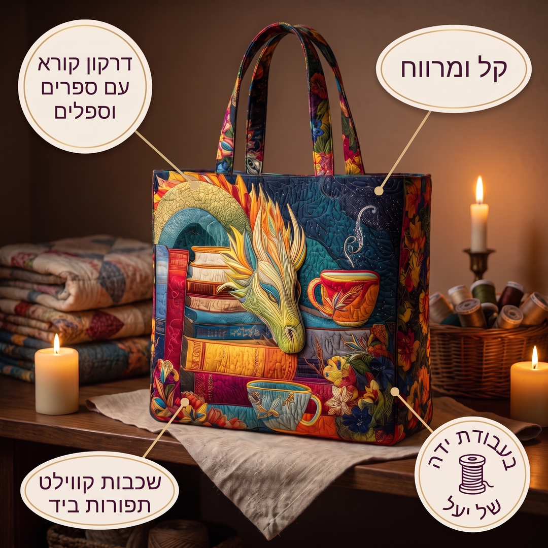 תיק בעבודת יד - דרקון קורא עם ספרים וספלים — פרטים