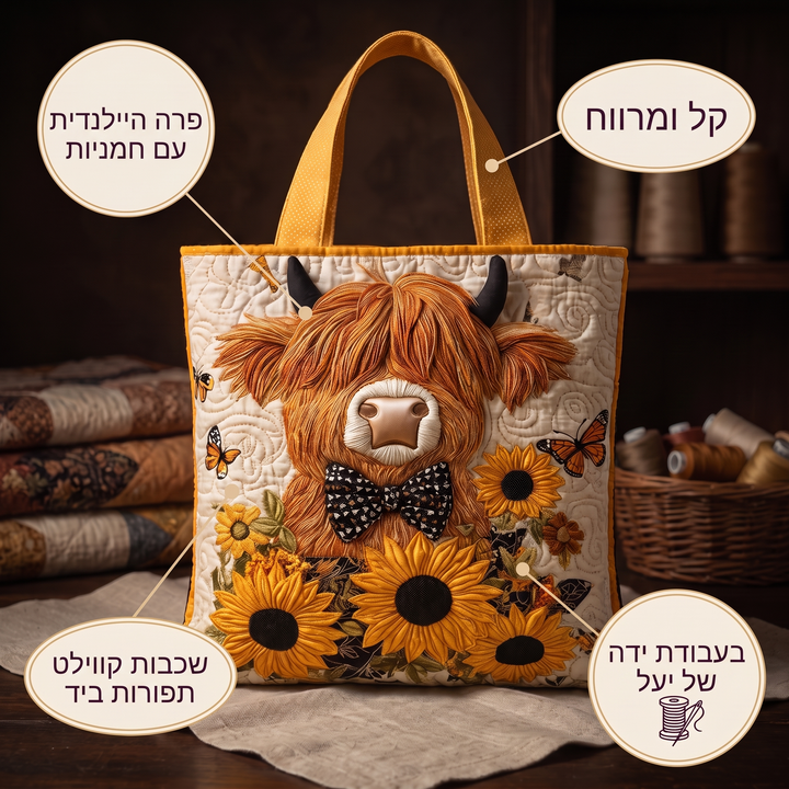 תיק קווילט - פרה סקוטית עם חמניות — פרטים