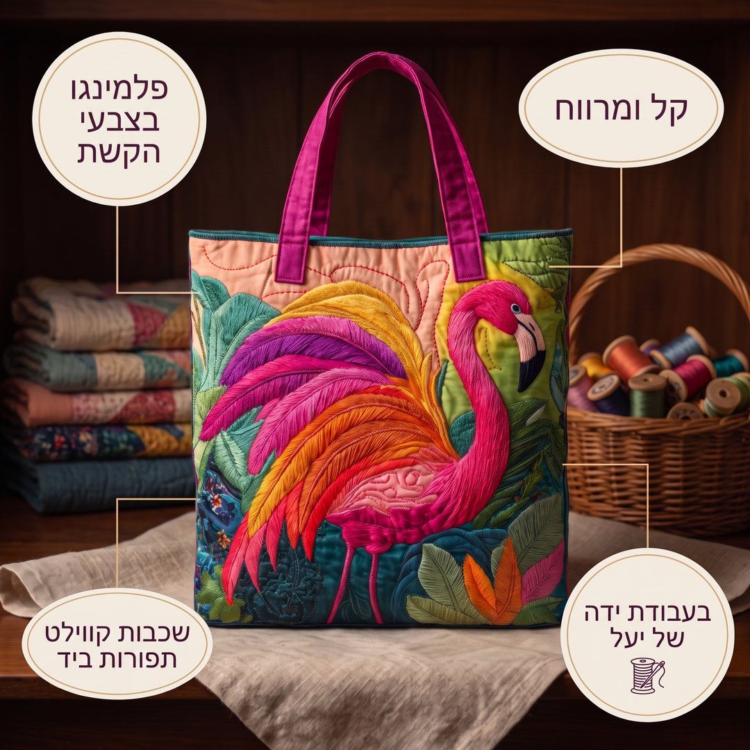 תיק טוט קווילט - פלמינגו בצבעי הקשת — פרטים
