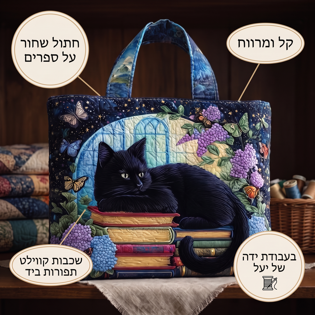 תיק בעבודת יד - חתול שחור על ספרים — פרטים