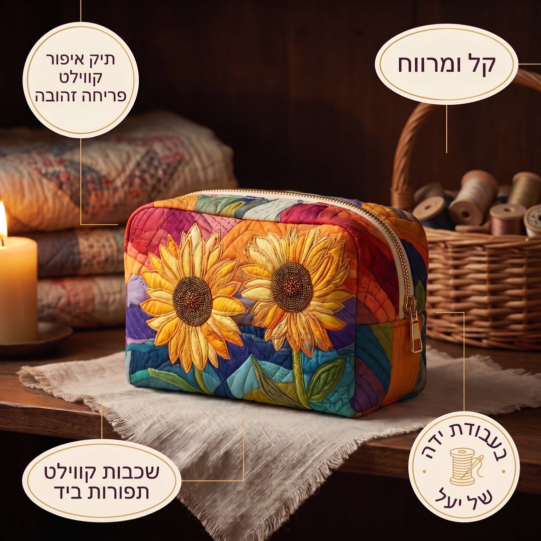 תיק איפור קווילט פריחה זהובה — פרטים