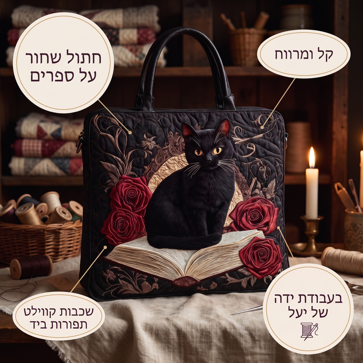 תיק קווילט בעבודת יד - חתול שחור על ספרים — פרטים