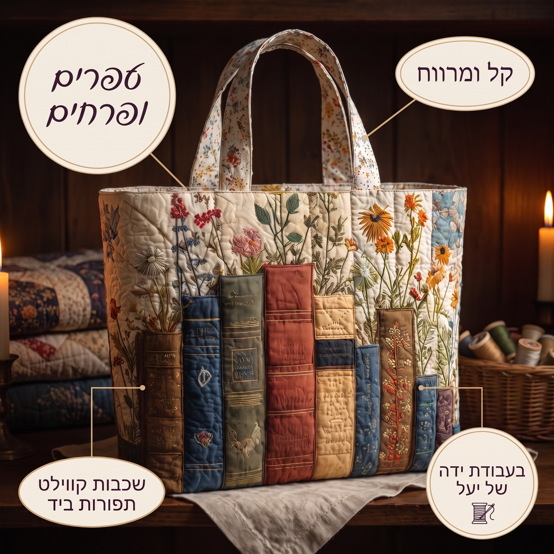 תיק קווילט בעבודת יד - ספרים ופרחים — פרטים