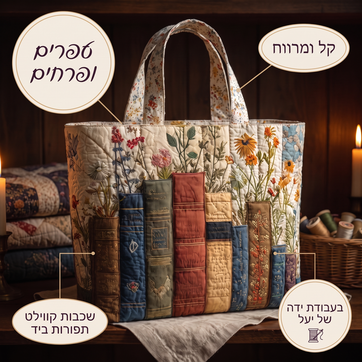 תיק קווילט בעבודת יד - ספרים ופרחים — פרטים
