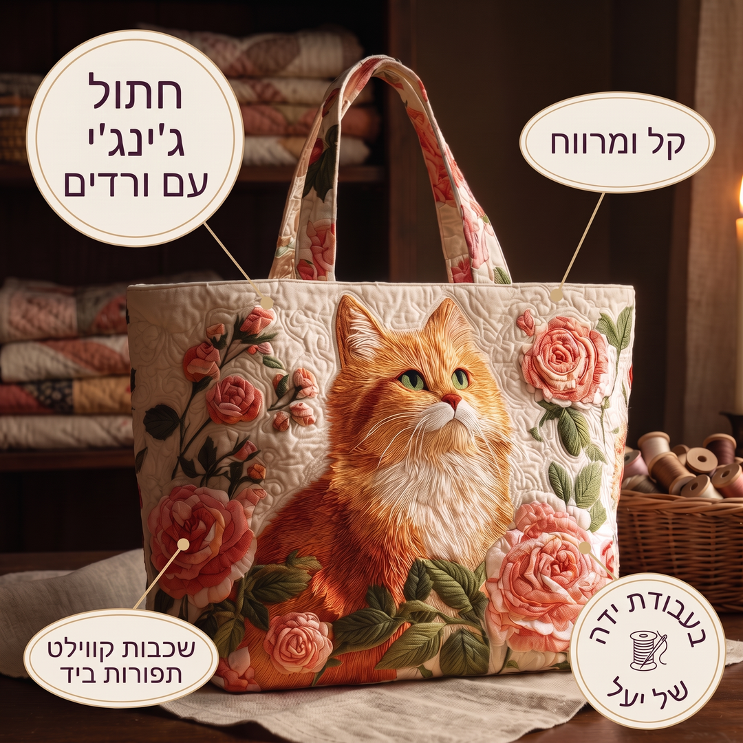 תיק בעבודת יד - חתול כתום עם ורדים — פרטים