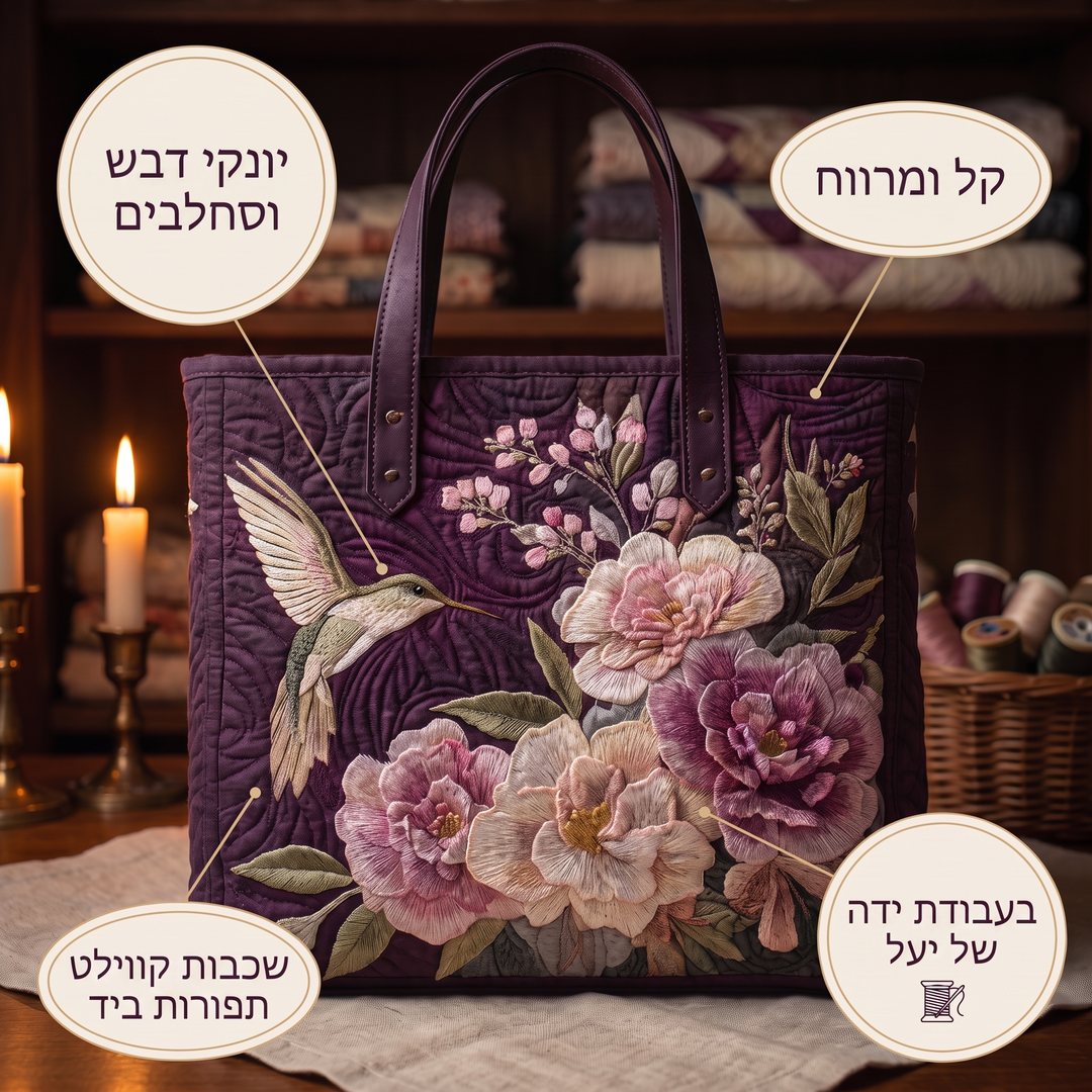 תיק קווילט בעבודת יד - יונקי דבש וסחלבים — פרטים